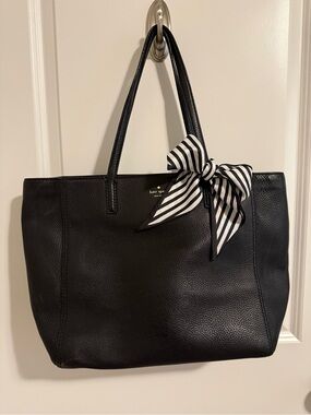 Kate Spade Black Leather Tote Bag with Stripe Bow